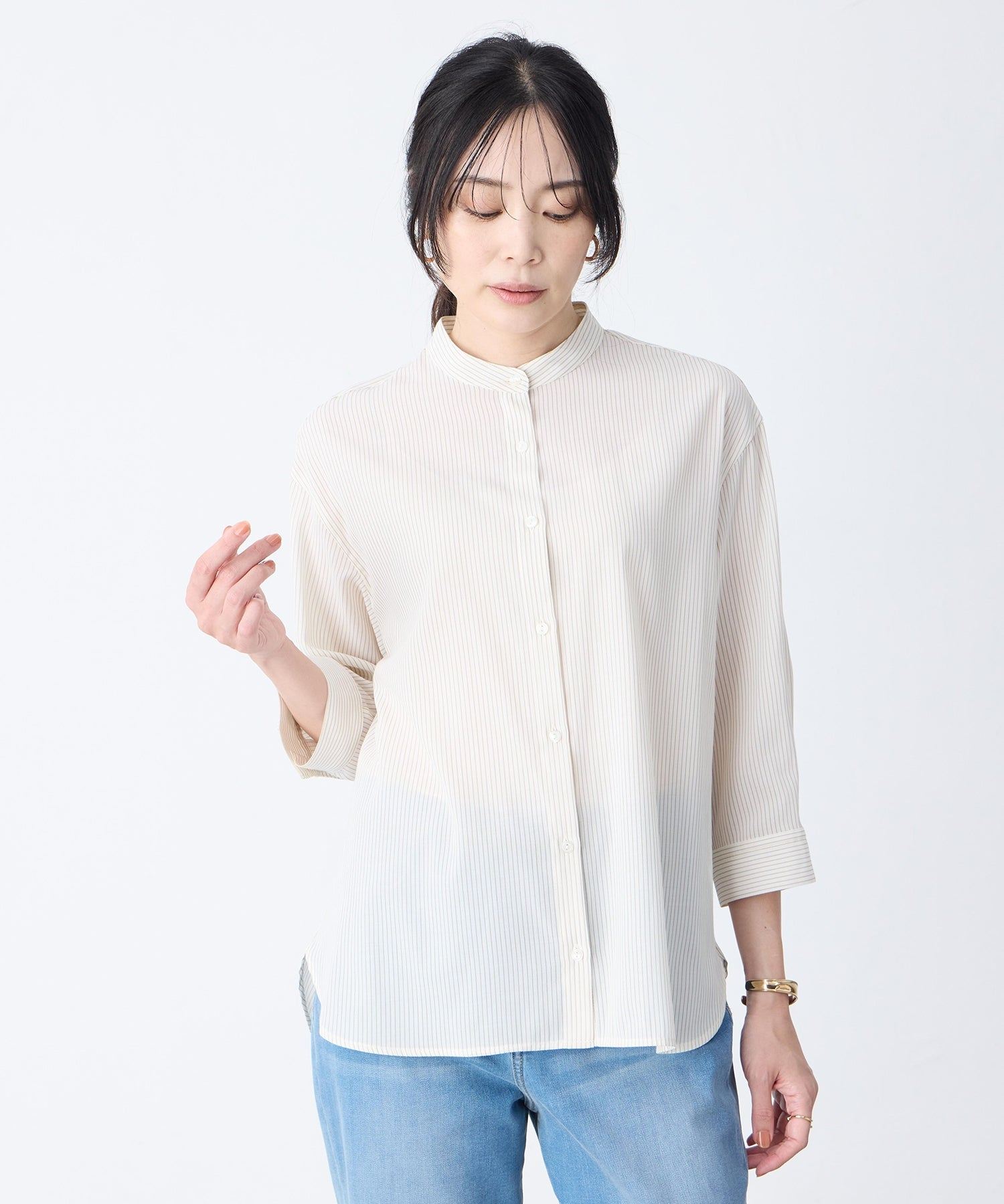 エーシーデザインバイアルファキュービック A/C DESIGN BY ALPHA CUBIC ストライプバンドカラーシャツ (ベージュ) ベージュ