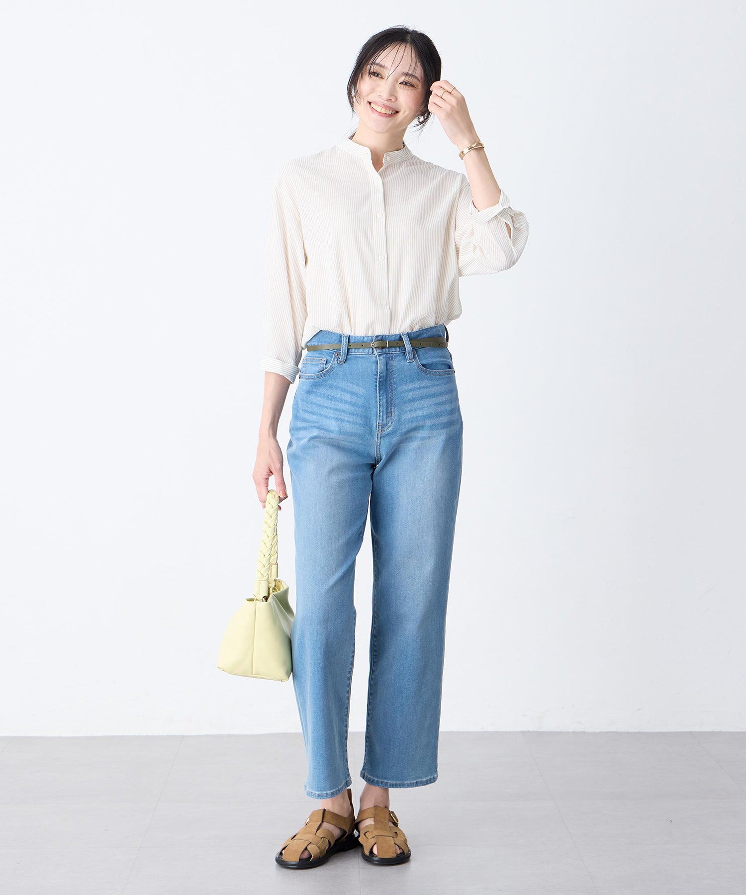 エーシーデザインバイアルファキュービック A/C DESIGN BY ALPHA CUBIC ストライプバンドカラーシャツ (ベージュ) ベージュ