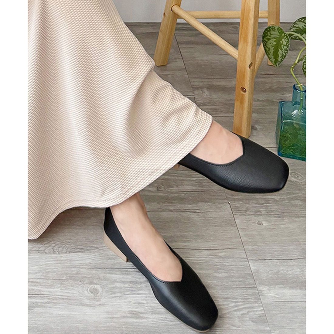 アミュレット Amulet スクエアトゥローヒールパンプス おしゃれ レディース 歩きやすい シンプル 無地 フラット カジュアル 韓国 春 夏 秋 冬 靴 デート オフィス (アイボリー) アイボリー