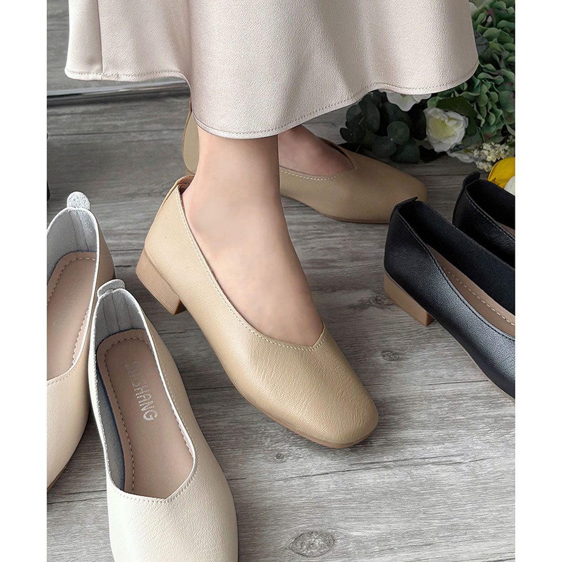 アミュレット Amulet スクエアトゥローヒールパンプス おしゃれ レディース 歩きやすい シンプル 無地 フラット カジュアル 韓国 春 夏 秋 冬 靴 デート オフィス (アイボリー) アイボリー