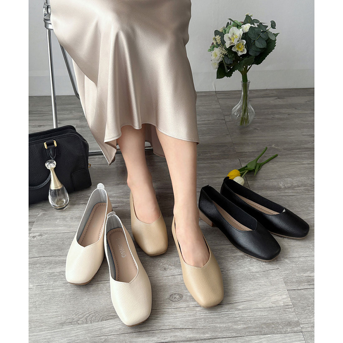 アミュレット Amulet スクエアトゥローヒールパンプス おしゃれ レディース 歩きやすい シンプル 無地 フラット カジュアル 韓国 春 夏 秋 冬 靴 デート オフィス (アイボリー) アイボリー