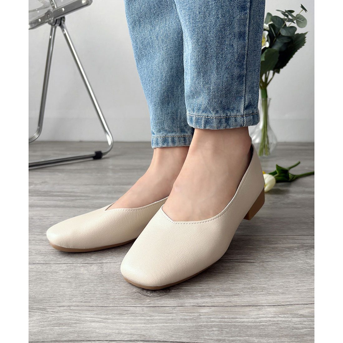 アミュレット Amulet スクエアトゥローヒールパンプス おしゃれ レディース 歩きやすい シンプル 無地 フラット カジュアル 韓国 春 夏 秋 冬 靴 デート オフィス (アイボリー) アイボリー