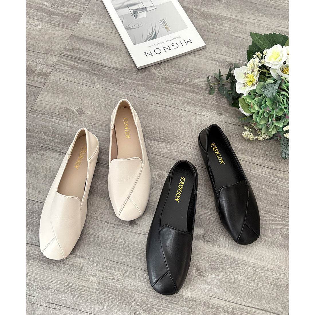 アミュレット Amulet スクエアトゥフラットシューズ レディース 楽ちん ローヒール ぺたんこ 上品 大人カジュアル シンプル 通勤 通学 軽量 痛くない 白 黒 きれいめ (ホワイト) ホワイト