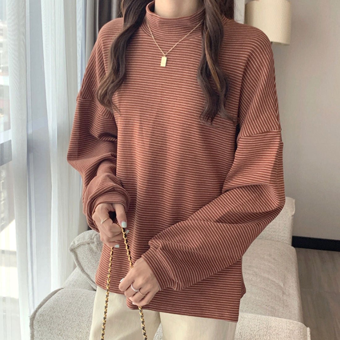 アミュレット Amulet ハイネックボーダーカットソー レディース 10代 20代 30代 韓国ファッション カジュアル 秋 冬 シンプル 可愛い Tシャツ ドロップショルダー (ブラック) ブラック