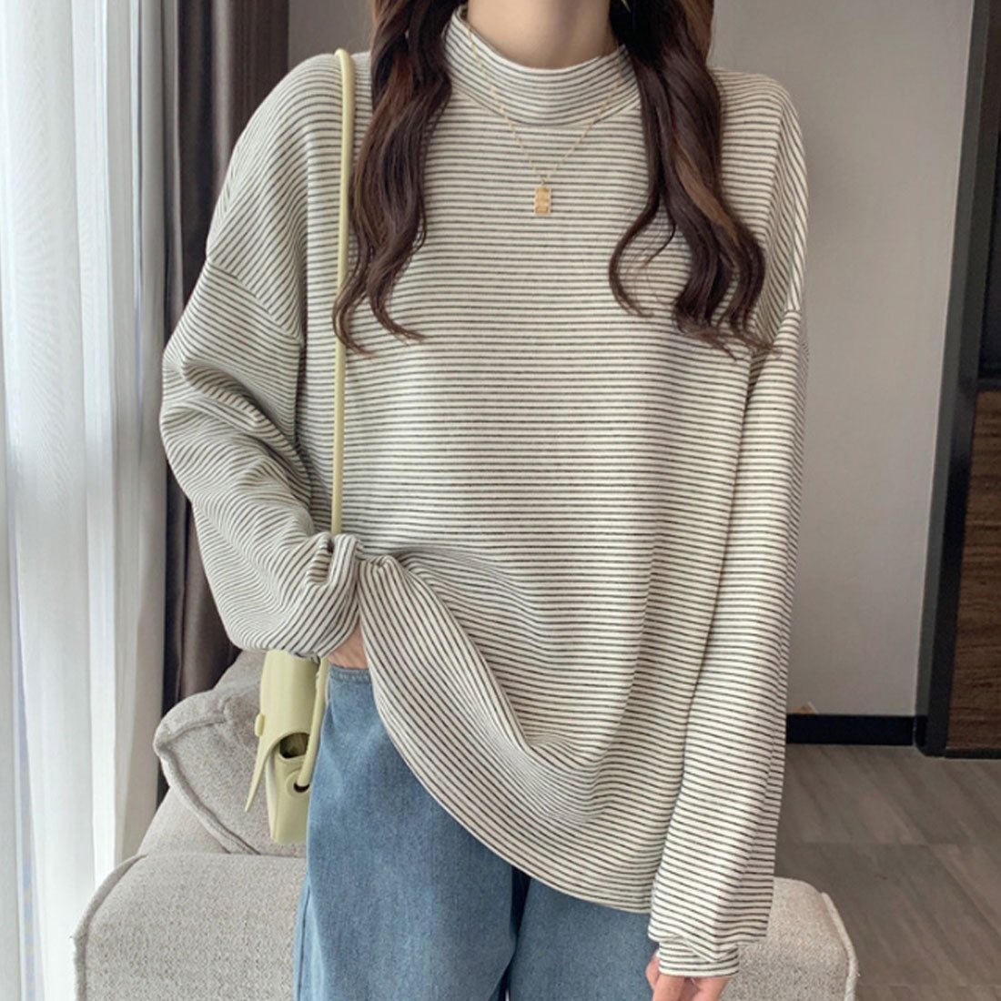 アミュレット Amulet ハイネックボーダーカットソー レディース 10代 20代 30代 韓国ファッション カジュアル 秋 冬 シンプル 可愛い Tシャツ ドロップショルダー (ブラック) ブラック