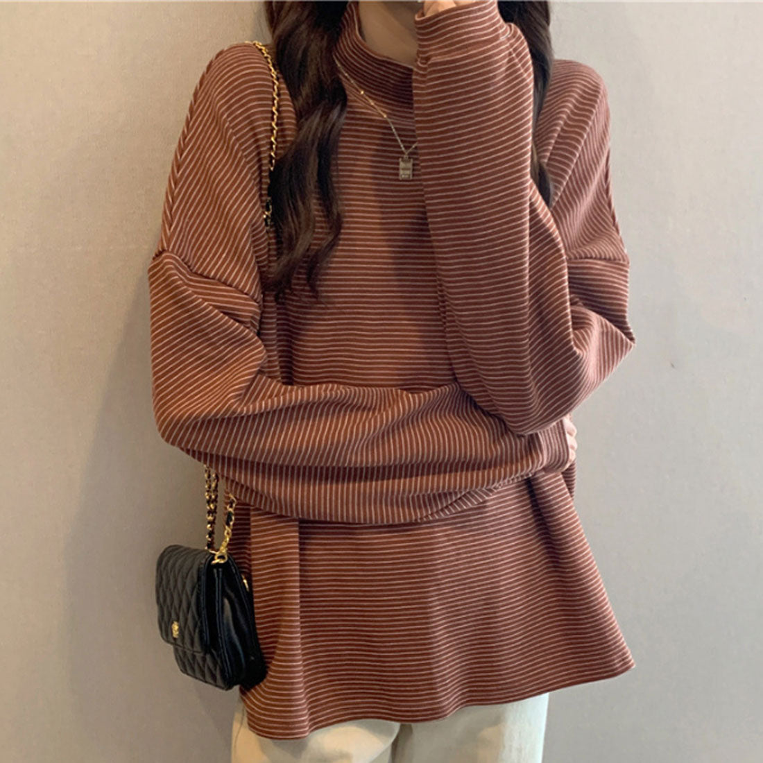 アミュレット Amulet ハイネックボーダーカットソー レディース 10代 20代 30代 韓国ファッション カジュアル 秋 冬 シンプル 可愛い Tシャツ ドロップショルダー (ブラック) ブラック