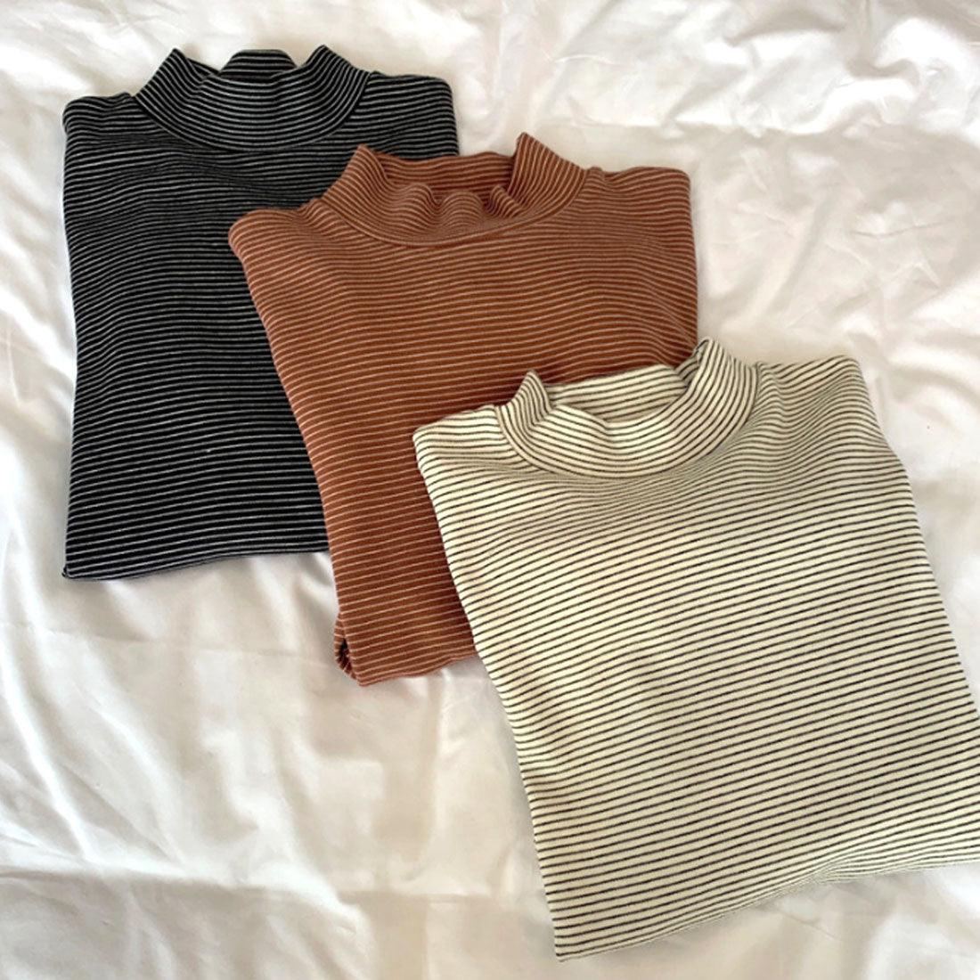 アミュレット Amulet ハイネックボーダーカットソー レディース 10代 20代 30代 韓国ファッション カジュアル 秋 冬 シンプル 可愛い Tシャツ ドロップショルダー (ブラック) ブラック