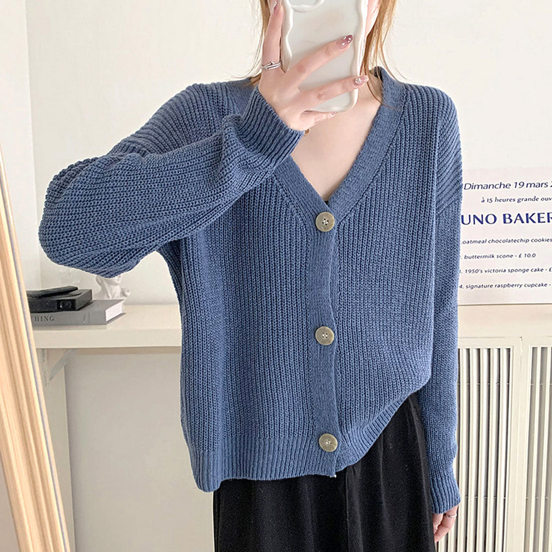 アミュレット Amulet レトロカーディガン レディース 10代 20代 30代 韓国ファッション 秋 冬 ゆったり リラックス カジュアル おしゃれ 大人 シンプル 無地 白 (ブルー) ブルー