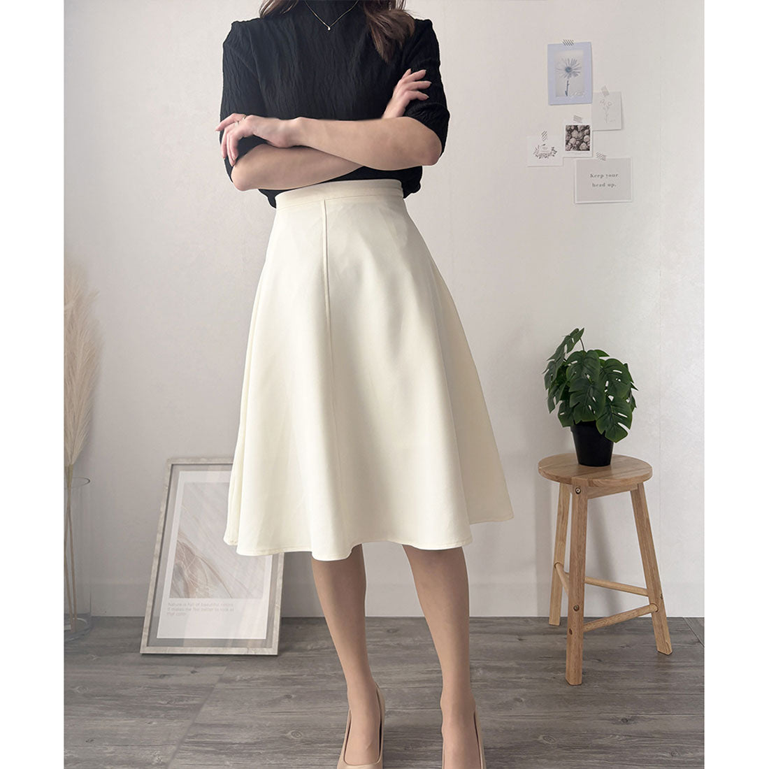 アミュレット Amulet ひざ丈フレアスカート ハイウエスト 無地 脚長 大人 可愛い シンプル レディース (ライトブルー) ライトブルー