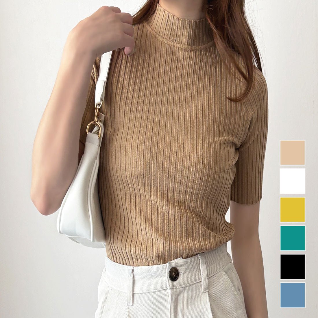 アミュレット Amulet 半袖リブニットソー レディース 韓国 オフィス 無地 シンプル カジュアル 着回し トレンド トップス 上品 春夏秋 おしゃれ 大人 人気 定番 (ブルー) ブルー