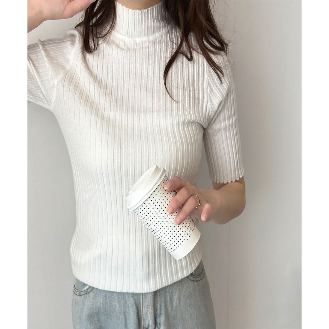 アミュレット Amulet 半袖リブニットソー レディース 韓国 オフィス 無地 シンプル カジュアル 着回し トレンド トップス 上品 春夏秋 おしゃれ 大人 人気 定番 (ブルー) ブルー