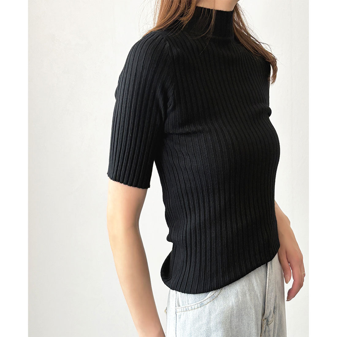 アミュレット Amulet 半袖リブニットソー レディース 韓国 オフィス 無地 シンプル カジュアル 着回し トレンド トップス 上品 春夏秋 おしゃれ 大人 人気 定番 (ブルー) ブルー