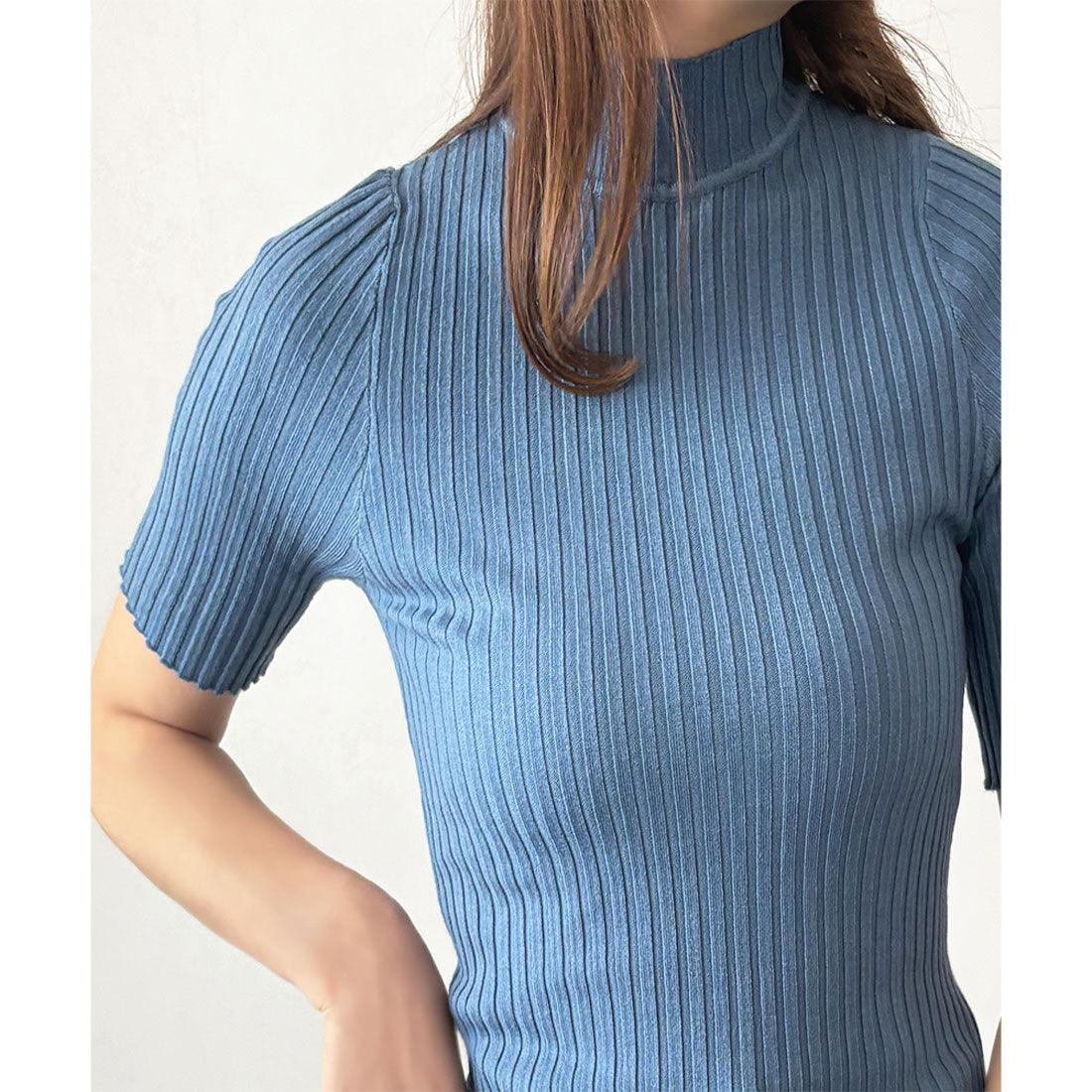 アミュレット Amulet 半袖リブニットソー レディース 韓国 オフィス 無地 シンプル カジュアル 着回し トレンド トップス 上品 春夏秋 おしゃれ 大人 人気 定番 (ブルー) ブルー