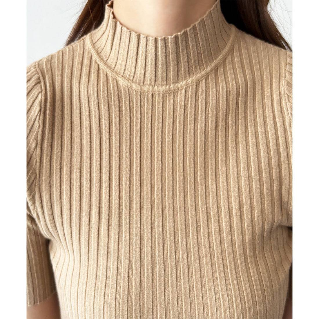 アミュレット Amulet 半袖リブニットソー レディース 韓国 オフィス 無地 シンプル カジュアル 着回し トレンド トップス 上品 春夏秋 おしゃれ 大人 人気 定番 (ブルー) ブルー