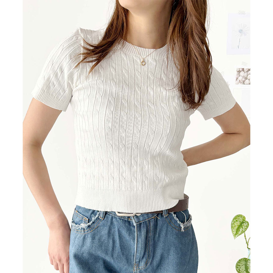 アミュレット Amulet 半袖ケーブルニット レディース 韓国 編み シンプル 上品 トレンド カジュアル 春夏 ナチュラル トップス おしゃれ 10代 20代 黒 可愛い (ホワイト) ホワイト