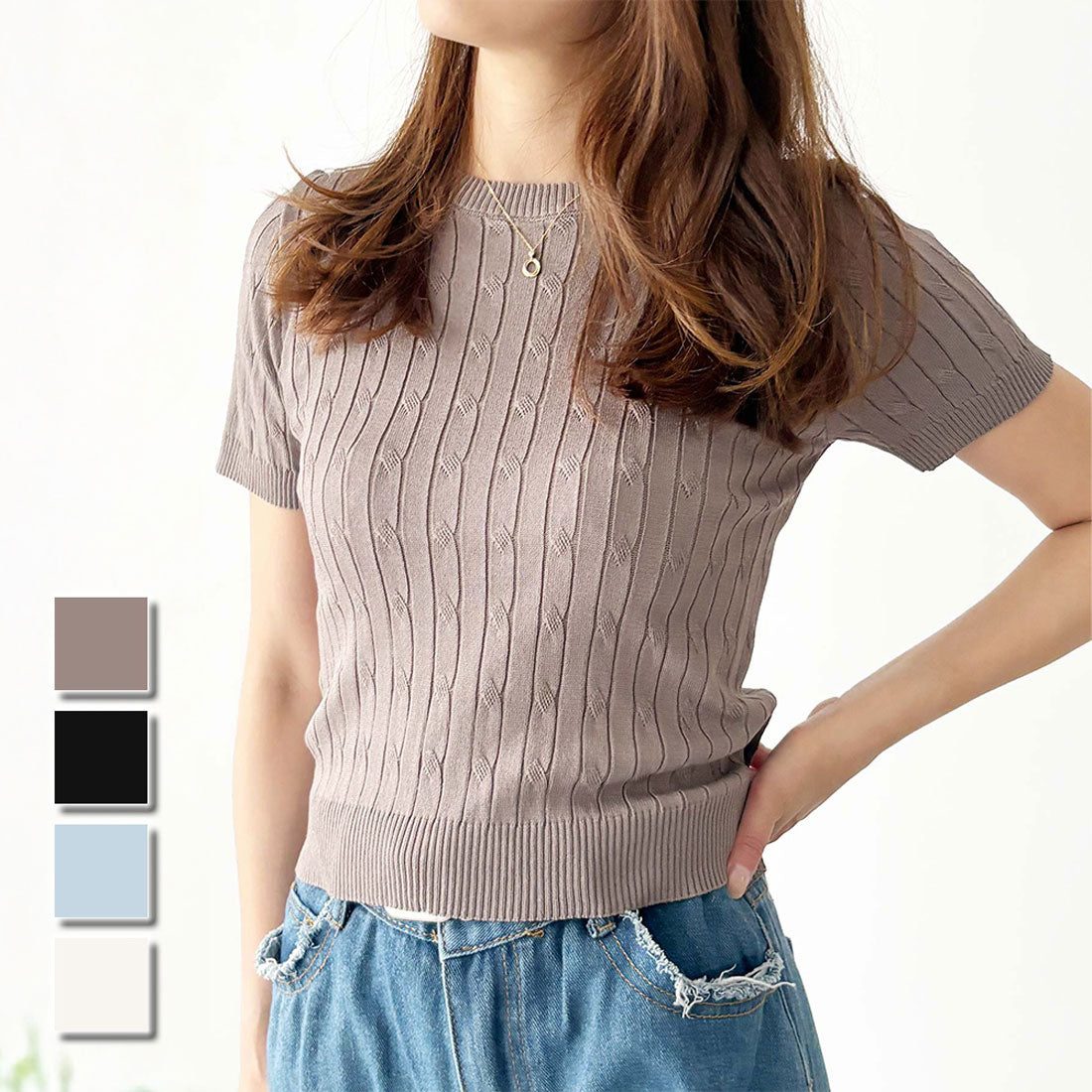 アミュレット Amulet 半袖ケーブルニット レディース 韓国 編み シンプル 上品 トレンド カジュアル 春夏 ナチュラル トップス おしゃれ 10代 20代 黒 可愛い (ホワイト) ホワイト