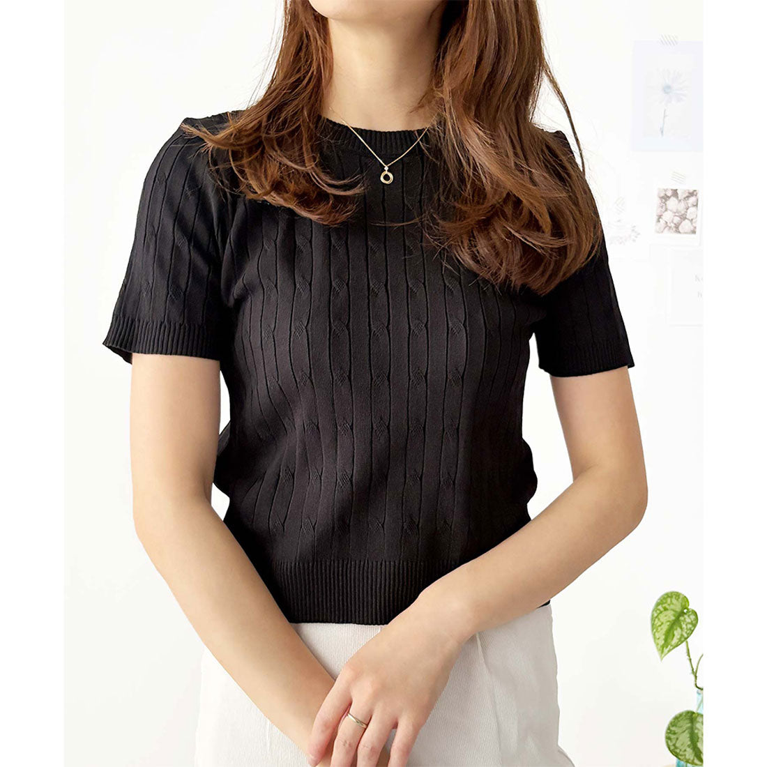 アミュレット Amulet 半袖ケーブルニット レディース 韓国 編み シンプル 上品 トレンド カジュアル 春夏 ナチュラル トップス おしゃれ 10代 20代 黒 可愛い (ホワイト) ホワイト