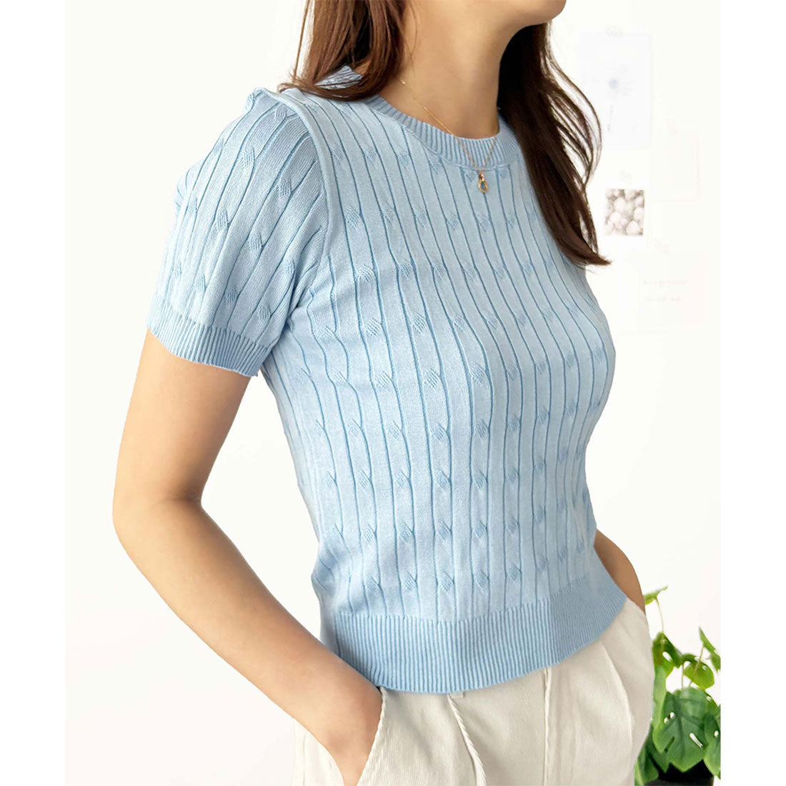 アミュレット Amulet 半袖ケーブルニット レディース 韓国 編み シンプル 上品 トレンド カジュアル 春夏 ナチュラル トップス おしゃれ 10代 20代 黒 可愛い (ホワイト) ホワイト