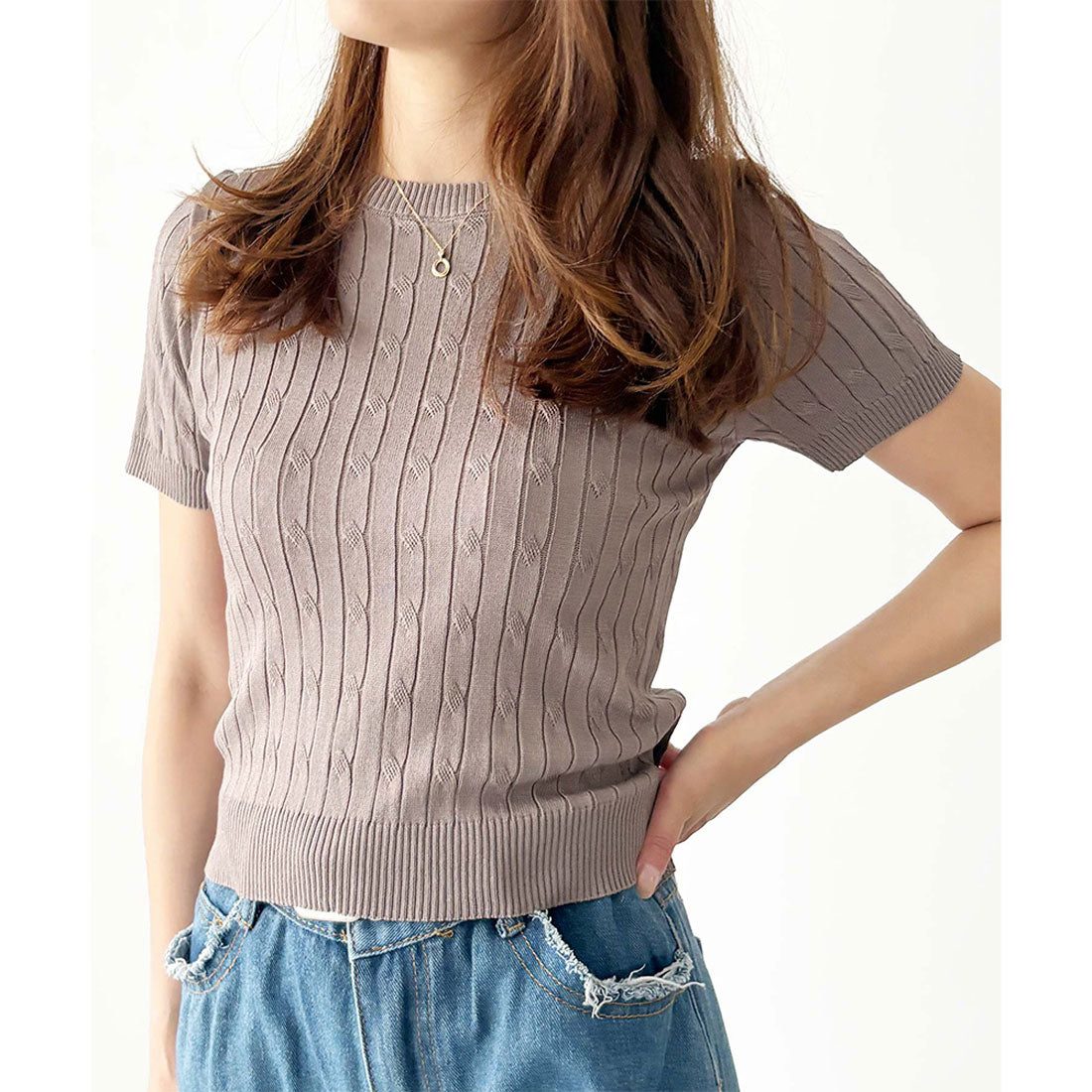 アミュレット Amulet 半袖ケーブルニット レディース 韓国 編み シンプル 上品 トレンド カジュアル 春夏 ナチュラル トップス おしゃれ 10代 20代 黒 可愛い (ホワイト) ホワイト