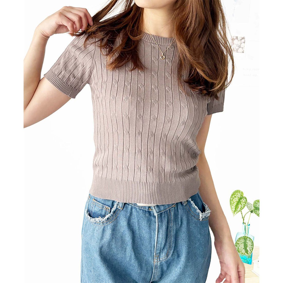 アミュレット Amulet 半袖ケーブルニット レディース 韓国 編み シンプル 上品 トレンド カジュアル 春夏 ナチュラル トップス おしゃれ 10代 20代 黒 可愛い (ホワイト) ホワイト