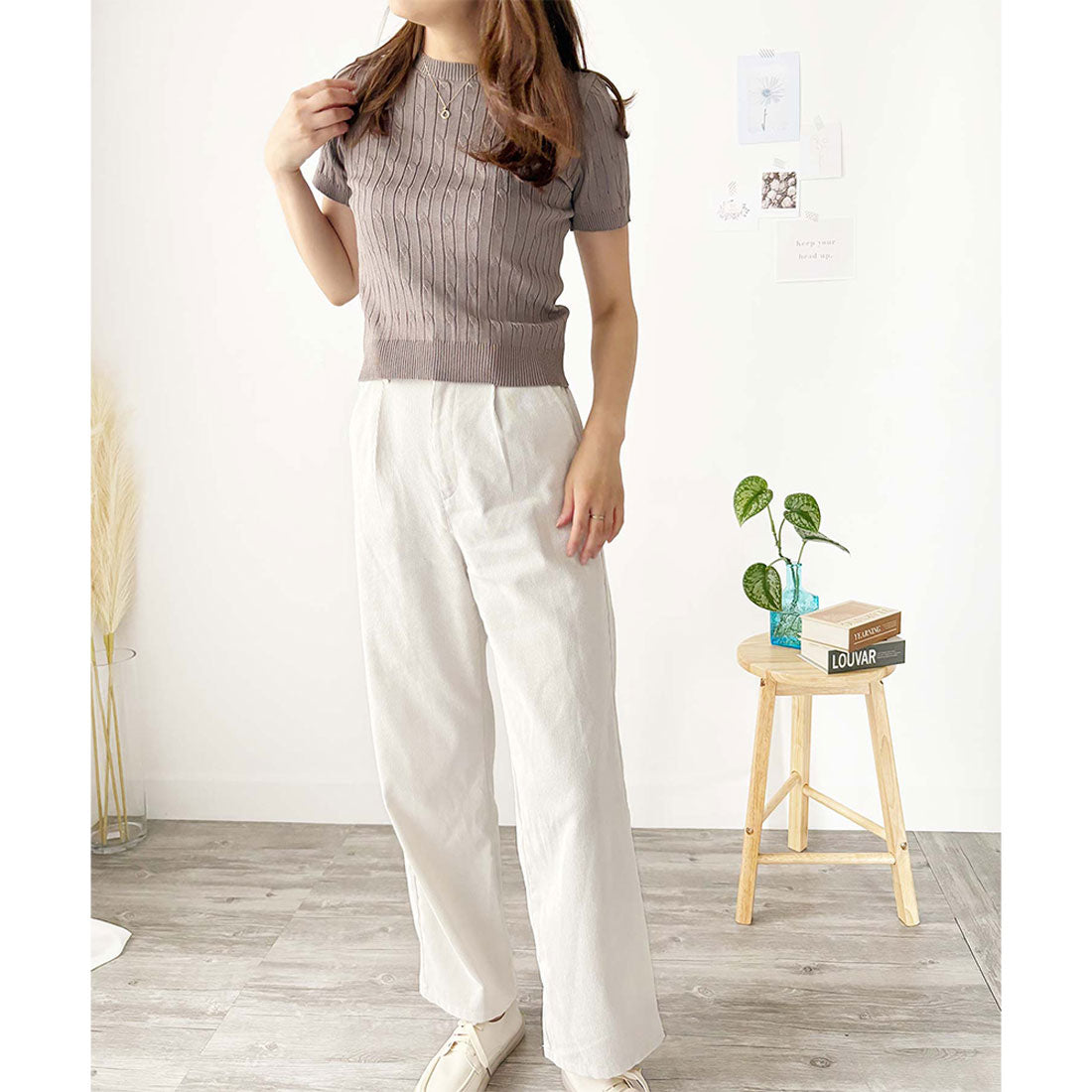 アミュレット Amulet 半袖ケーブルニット レディース 韓国 編み シンプル 上品 トレンド カジュアル 春夏 ナチュラル トップス おしゃれ 10代 20代 黒 可愛い (ホワイト) ホワイト