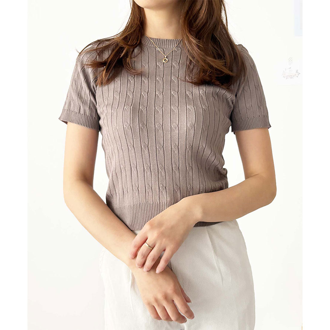 アミュレット Amulet 半袖ケーブルニット レディース 韓国 編み シンプル 上品 トレンド カジュアル 春夏 ナチュラル トップス おしゃれ 10代 20代 黒 可愛い (ホワイト) ホワイト