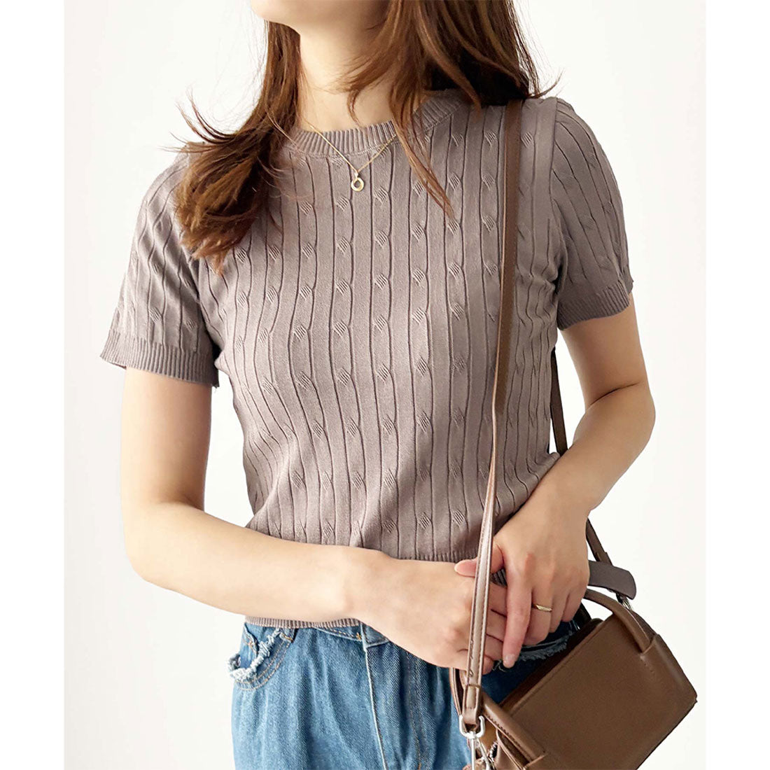 アミュレット Amulet 半袖ケーブルニット レディース 韓国 編み シンプル 上品 トレンド カジュアル 春夏 ナチュラル トップス おしゃれ 10代 20代 黒 可愛い (ホワイト) ホワイト