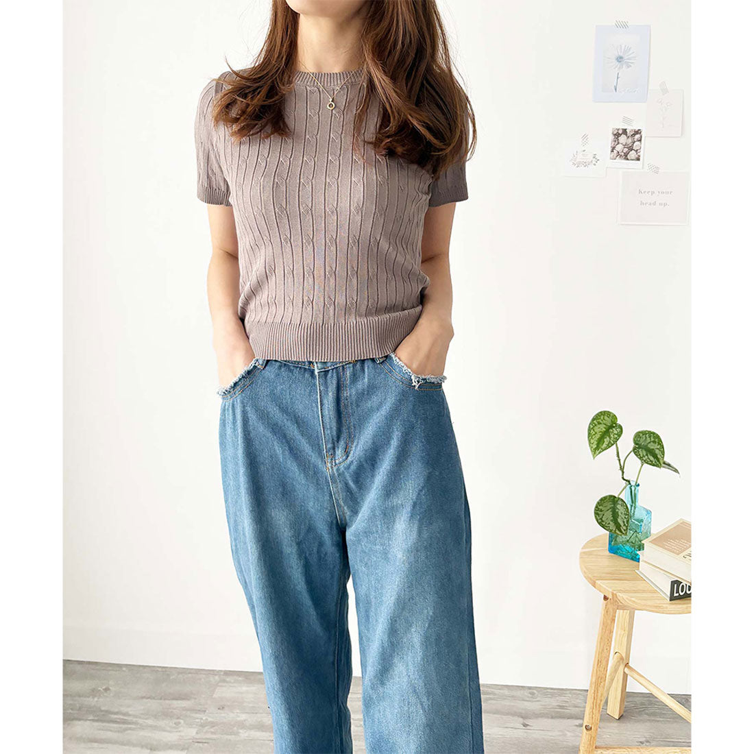 アミュレット Amulet 半袖ケーブルニット レディース 韓国 編み シンプル 上品 トレンド カジュアル 春夏 ナチュラル トップス おしゃれ 10代 20代 黒 可愛い (ホワイト) ホワイト