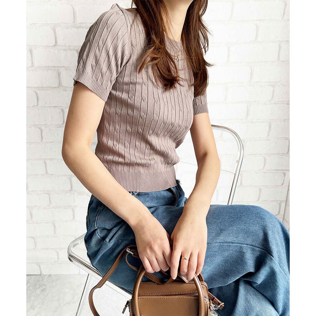 アミュレット Amulet 半袖ケーブルニット レディース 韓国 編み シンプル 上品 トレンド カジュアル 春夏 ナチュラル トップス おしゃれ 10代 20代 黒 可愛い (ホワイト) ホワイト