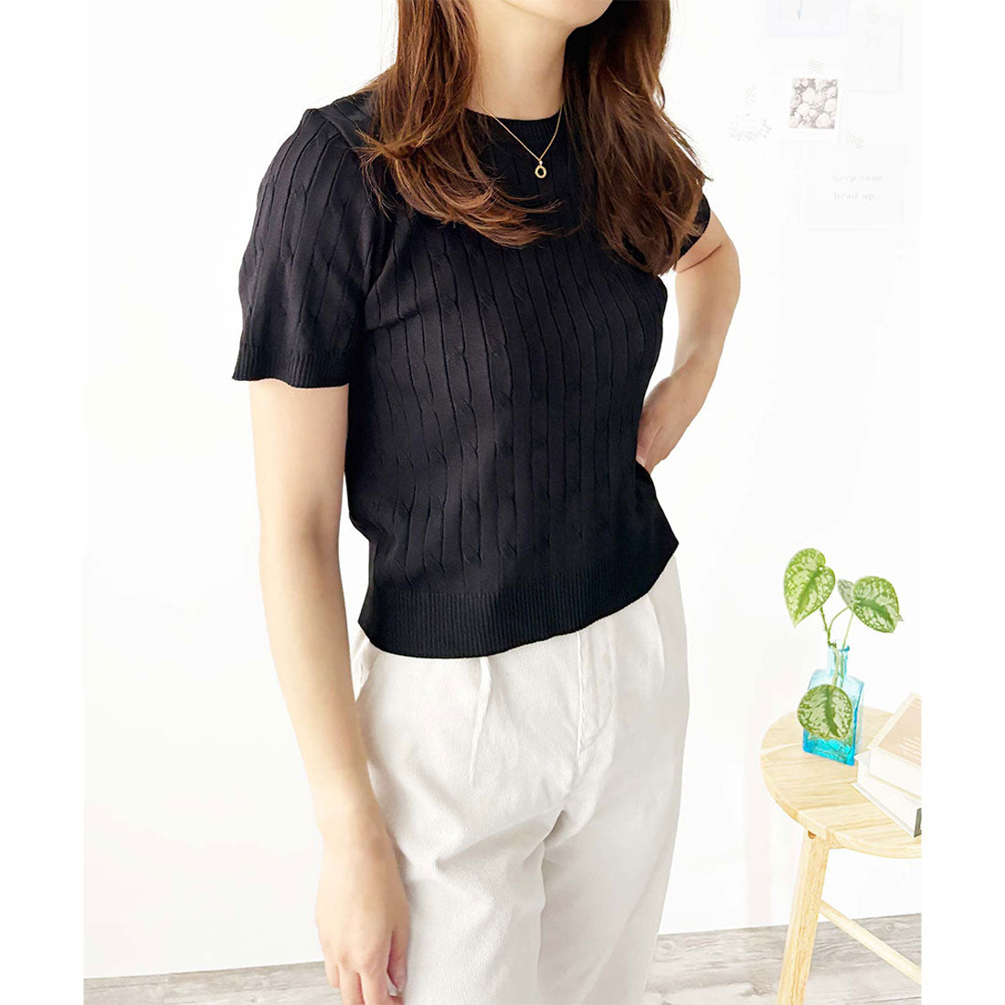 アミュレット Amulet 半袖ケーブルニット レディース 韓国 編み シンプル 上品 トレンド カジュアル 春夏 ナチュラル トップス おしゃれ 10代 20代 黒 可愛い (ホワイト) ホワイト