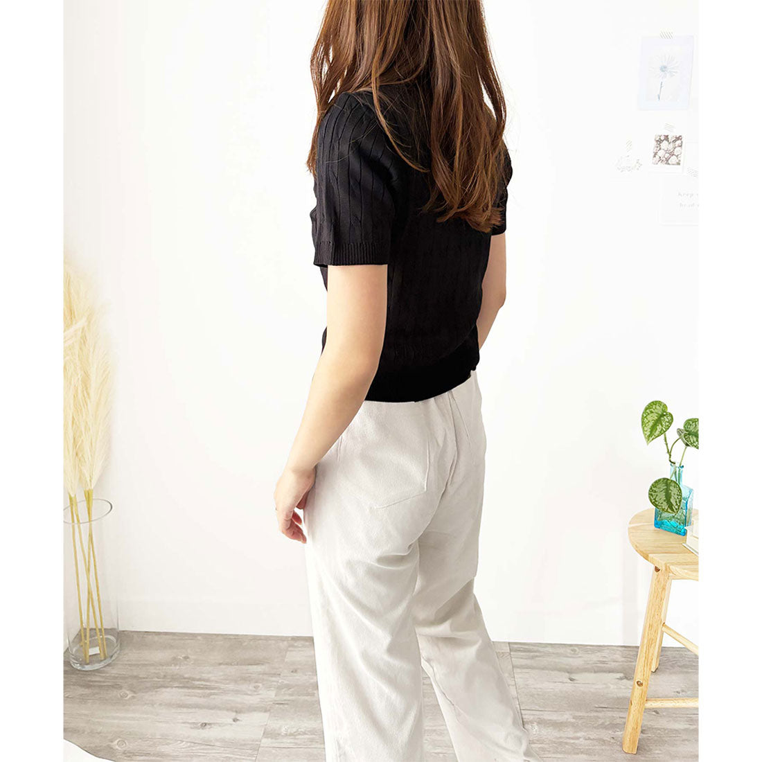 アミュレット Amulet 半袖ケーブルニット レディース 韓国 編み シンプル 上品 トレンド カジュアル 春夏 ナチュラル トップス おしゃれ 10代 20代 黒 可愛い (ホワイト) ホワイト