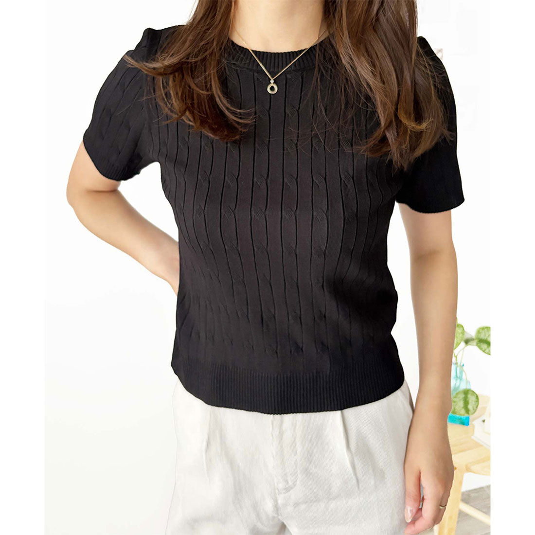 アミュレット Amulet 半袖ケーブルニット レディース 韓国 編み シンプル 上品 トレンド カジュアル 春夏 ナチュラル トップス おしゃれ 10代 20代 黒 可愛い (ホワイト) ホワイト