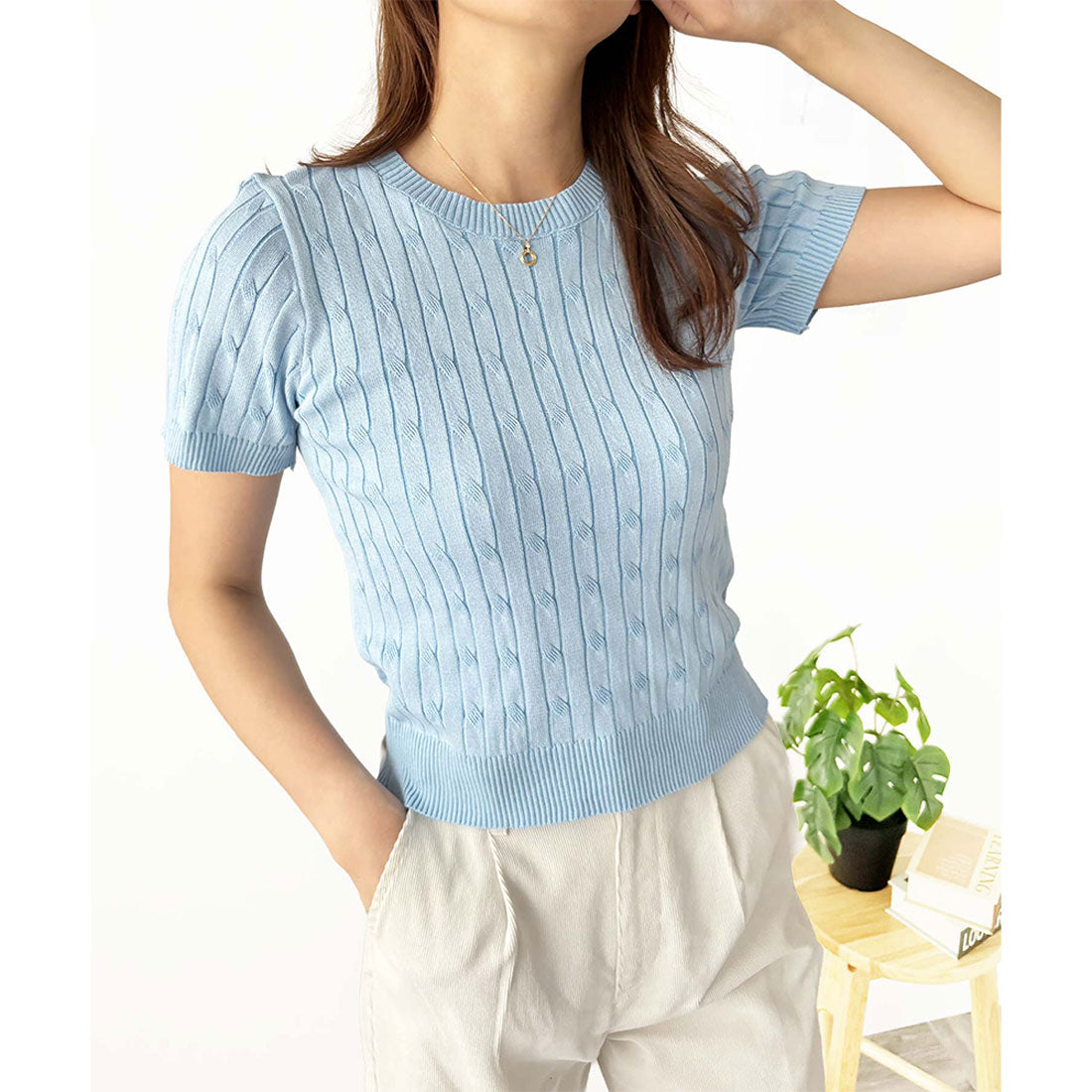 アミュレット Amulet 半袖ケーブルニット レディース 韓国 編み シンプル 上品 トレンド カジュアル 春夏 ナチュラル トップス おしゃれ 10代 20代 黒 可愛い (ホワイト) ホワイト