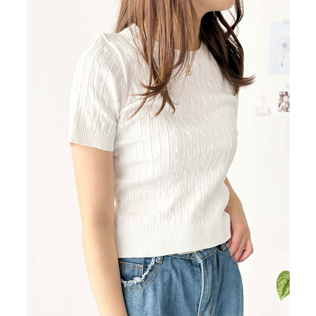 アミュレット Amulet 半袖ケーブルニット レディース 韓国 編み シンプル 上品 トレンド カジュアル 春夏 ナチュラル トップス おしゃれ 10代 20代 黒 可愛い (ホワイト) ホワイト