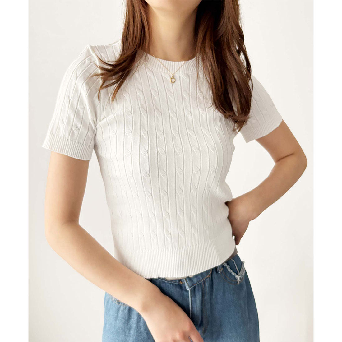 アミュレット Amulet 半袖ケーブルニット レディース 韓国 編み シンプル 上品 トレンド カジュアル 春夏 ナチュラル トップス おしゃれ 10代 20代 黒 可愛い (ホワイト) ホワイト