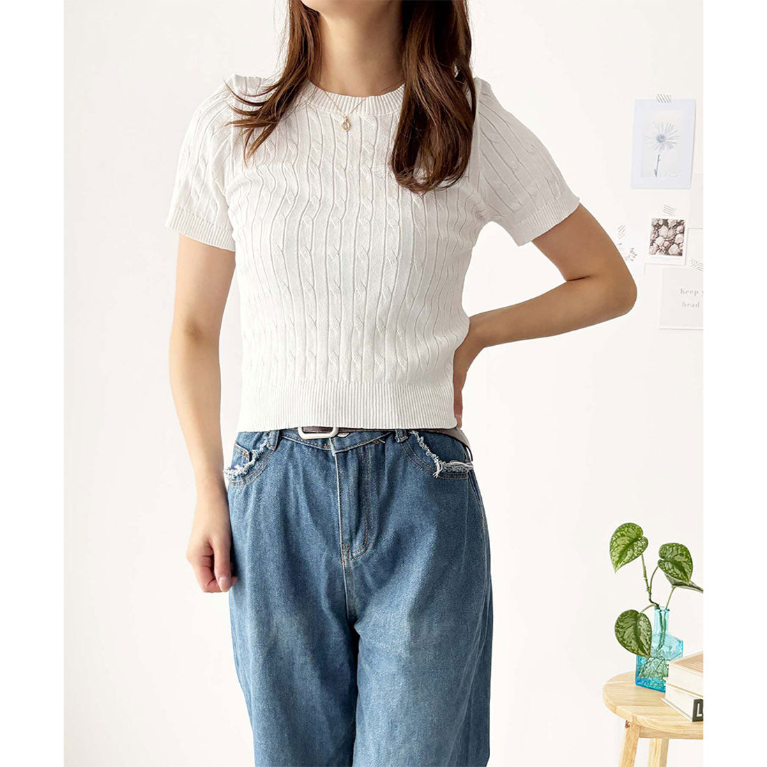 アミュレット Amulet 半袖ケーブルニット レディース 韓国 編み シンプル 上品 トレンド カジュアル 春夏 ナチュラル トップス おしゃれ 10代 20代 黒 可愛い (ホワイト) ホワイト