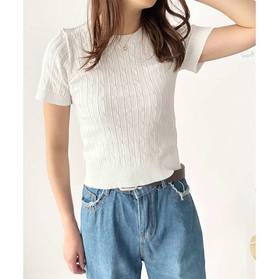 アミュレット Amulet 半袖ケーブルニット レディース 韓国 編み シンプル 上品 トレンド カジュアル 春夏 ナチュラル トップス おしゃれ 10代 20代 黒 可愛い (ホワイト) ホワイト