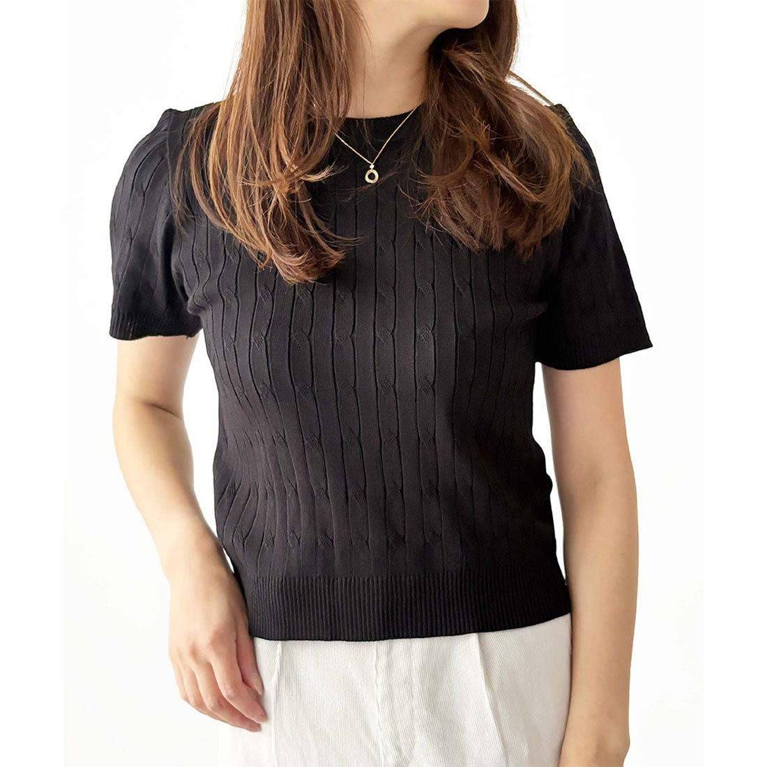 アミュレット Amulet 半袖ケーブルニット レディース 韓国 編み シンプル 上品 トレンド カジュアル 春夏 ナチュラル トップス おしゃれ 10代 20代 黒 可愛い (ブラック) ブラック