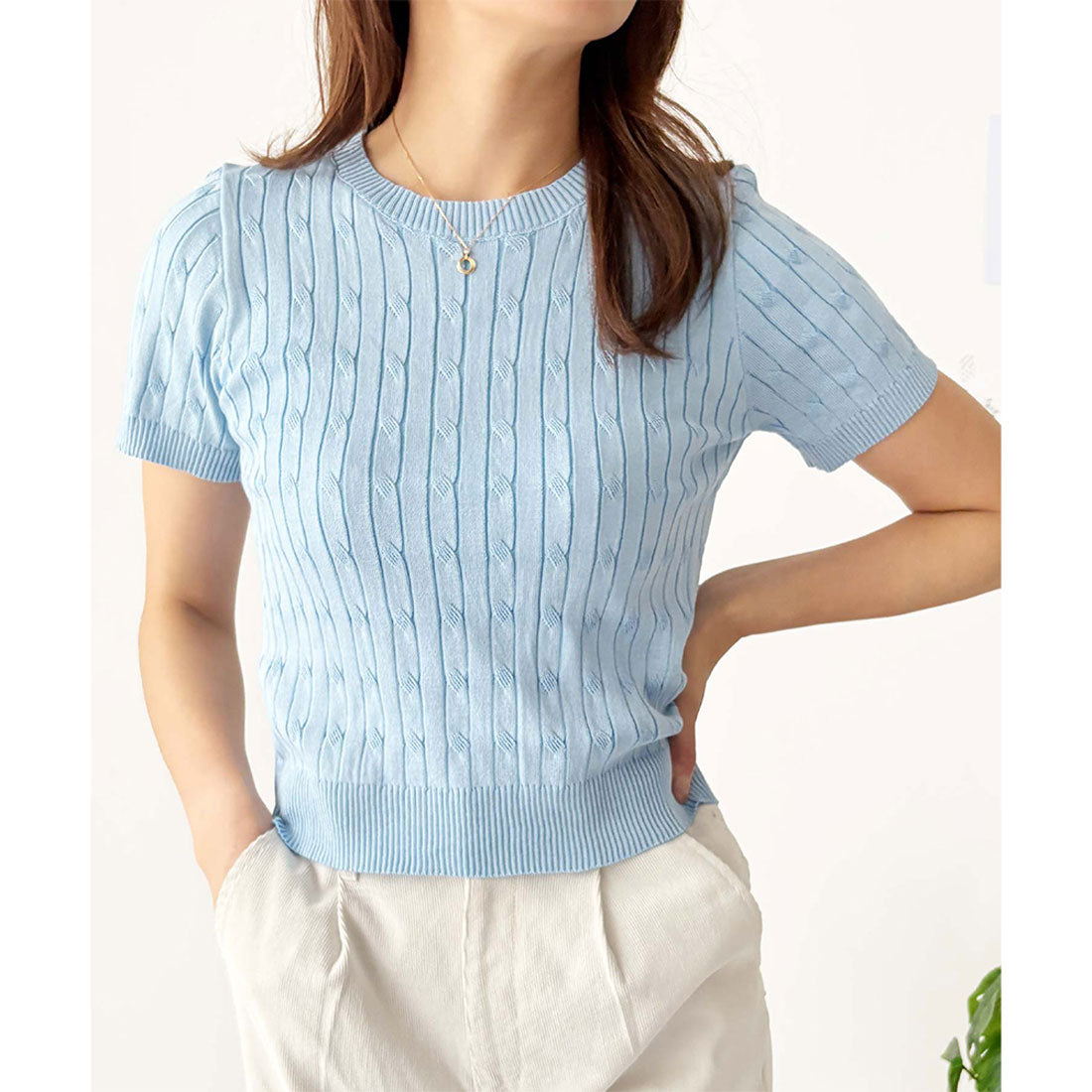 アミュレット Amulet 半袖ケーブルニット レディース 韓国 編み シンプル 上品 トレンド カジュアル 春夏 ナチュラル トップス おしゃれ 10代 20代 黒 可愛い (ブルー) ブルー
