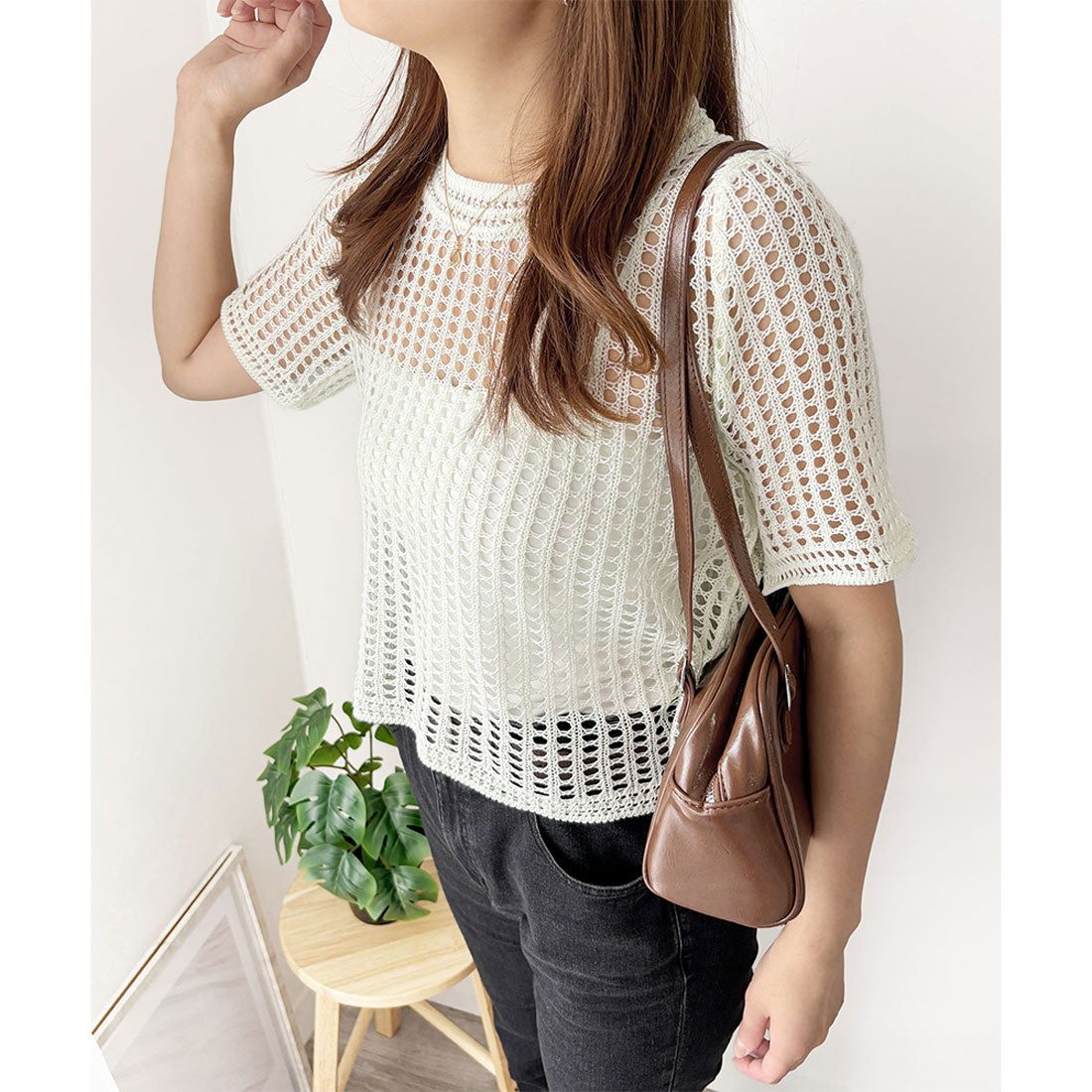 アミュレット Amulet メッシュ編み半袖トップス 夏服 通気性 韓国ファッション レディース 春夏 着回し 体型カバー かわいい 重ね着 カジュアル おしゃれ 白黒 シンプル (ブラック) ブラック