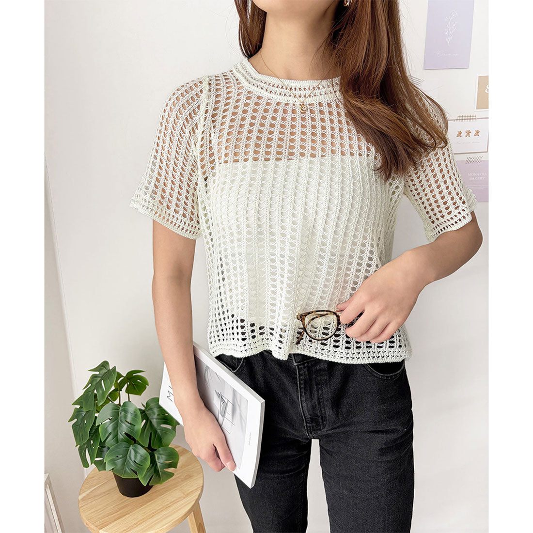 アミュレット Amulet メッシュ編み半袖トップス 夏服 通気性 韓国ファッション レディース 春夏 着回し 体型カバー かわいい 重ね着 カジュアル おしゃれ 白黒 シンプル (ブラック) ブラック