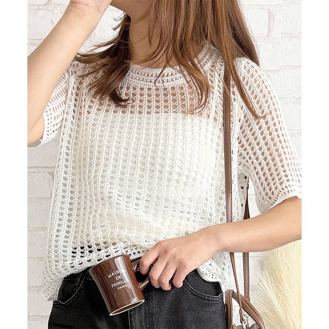 アミュレット Amulet メッシュ編み半袖トップス 夏服 通気性 韓国ファッション レディース 春夏 着回し 体型カバー かわいい 重ね着 カジュアル おしゃれ 白黒 シンプル (ブラック) ブラック