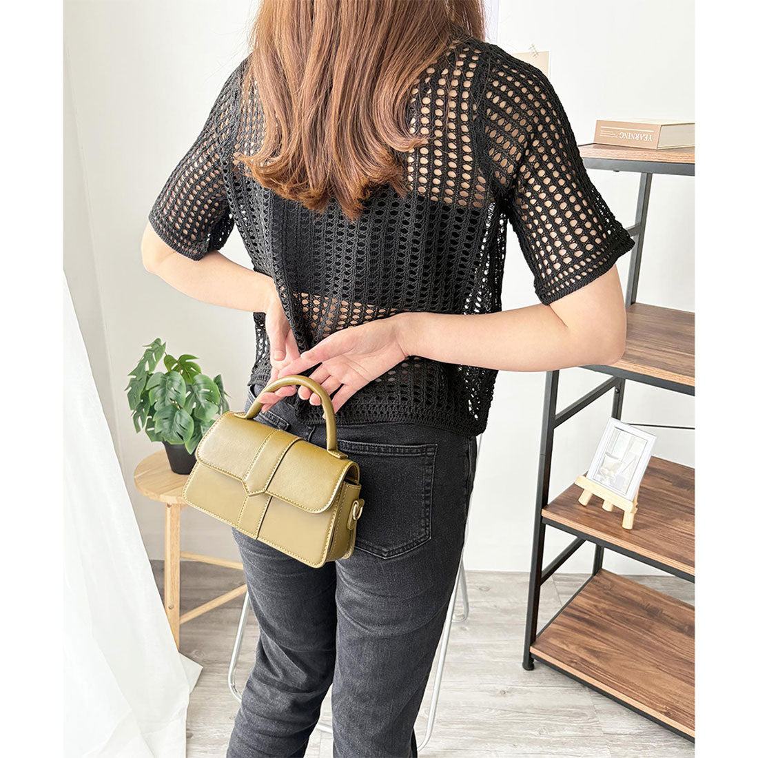 アミュレット Amulet メッシュ編み半袖トップス 夏服 通気性 韓国ファッション レディース 春夏 着回し 体型カバー かわいい 重ね着 カジュアル おしゃれ 白黒 シンプル (ブラック) ブラック
