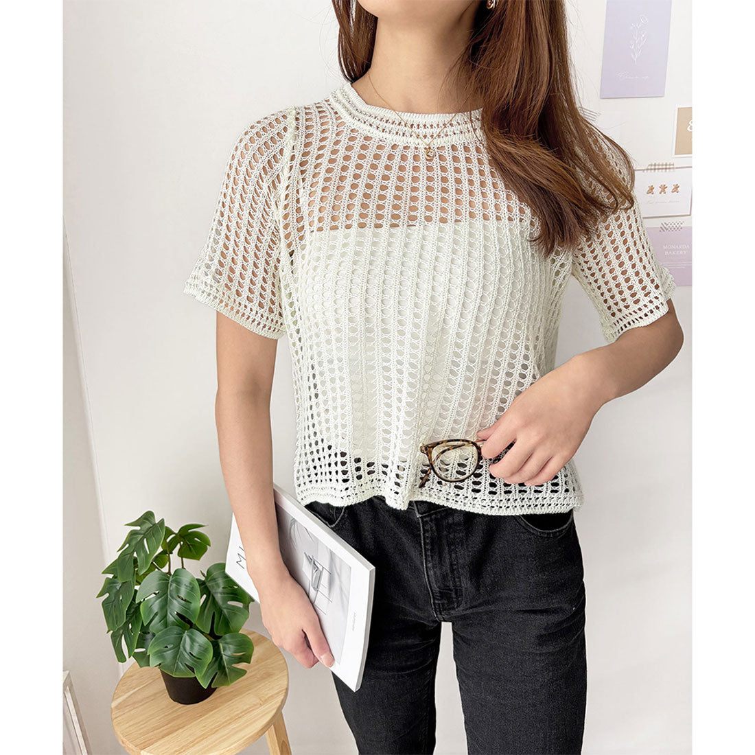 アミュレット Amulet メッシュ編み半袖トップス 夏服 通気性 韓国ファッション レディース 春夏 着回し 体型カバー かわいい 重ね着 カジュアル おしゃれ 白黒 シンプル (ブラック) ブラック
