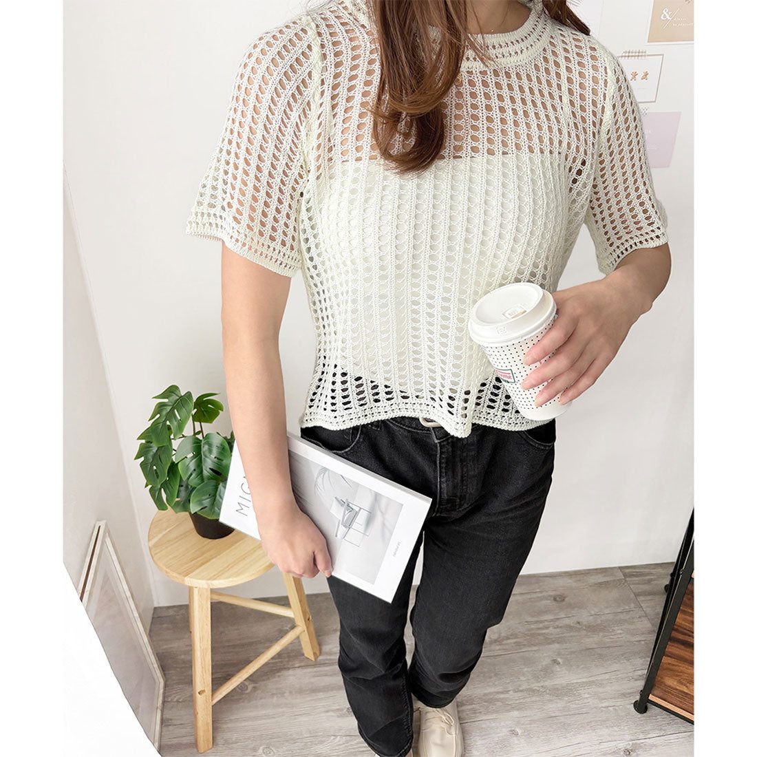 アミュレット Amulet メッシュ編み半袖トップス 夏服 通気性 韓国ファッション レディース 春夏 着回し 体型カバー かわいい 重ね着 カジュアル おしゃれ 白黒 シンプル (ブラック) ブラック