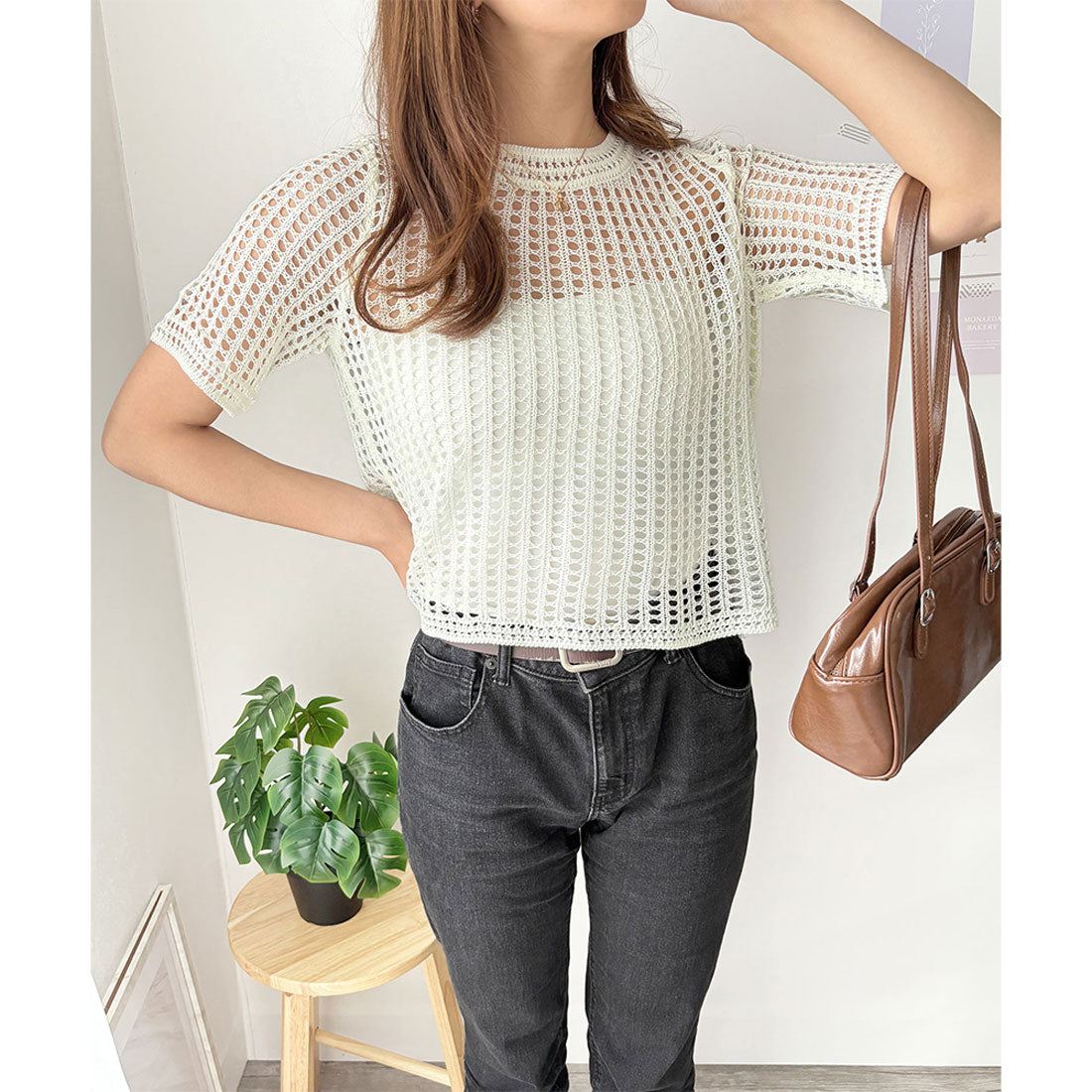 アミュレット Amulet メッシュ編み半袖トップス 夏服 通気性 韓国ファッション レディース 春夏 着回し 体型カバー かわいい 重ね着 カジュアル おしゃれ 白黒 シンプル (ブラック) ブラック