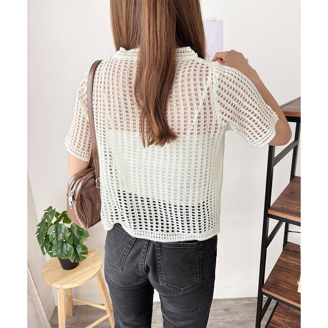 アミュレット Amulet メッシュ編み半袖トップス 夏服 通気性 韓国ファッション レディース 春夏 着回し 体型カバー かわいい 重ね着 カジュアル おしゃれ 白黒 シンプル (ブラック) ブラック