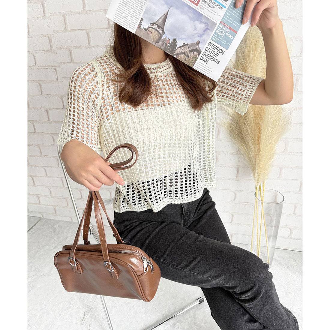アミュレット Amulet メッシュ編み半袖トップス 夏服 通気性 韓国ファッション レディース 春夏 着回し 体型カバー かわいい 重ね着 カジュアル おしゃれ 白黒 シンプル (ブラック) ブラック