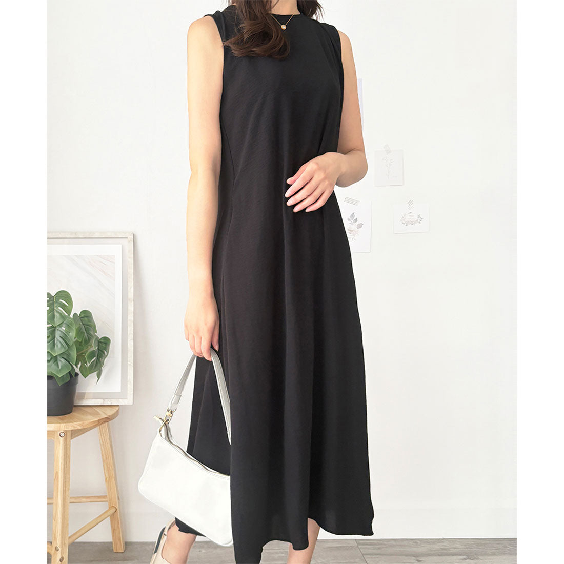 アミュレット Amulet バックデザインノースリーブワンピース 重ね着 夏服 ワンピース ロング丈 一枚コーデ 韓国 ファッション レディース 春夏 体型カバー デート 無地 (アイボリー) アイボリー