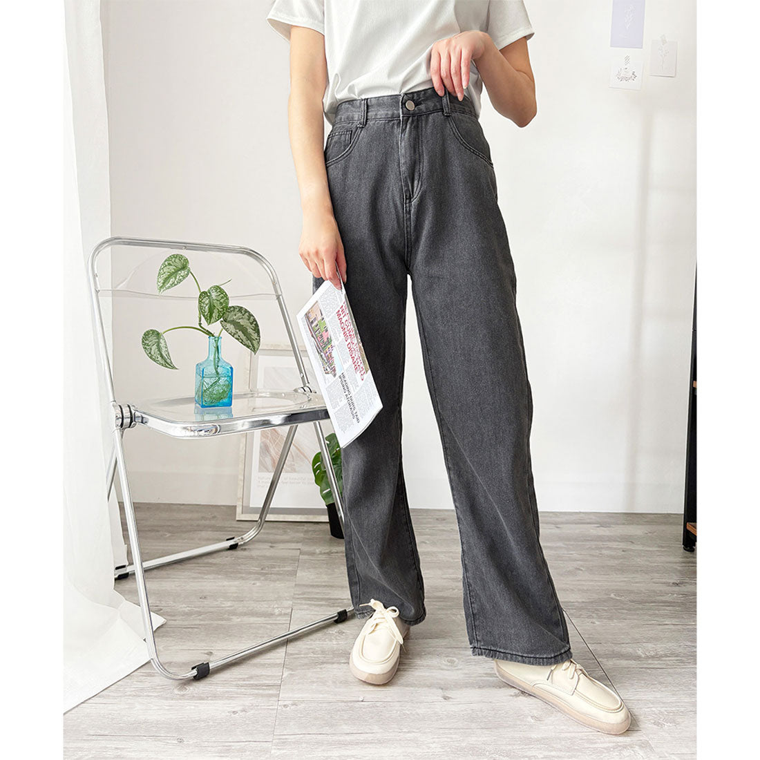 アミュレット Amulet ワイドストレートデニム風パンツ ワイド パンツ 体型カバー 韓国 ファッション レディース 春夏 着回し 軽やか 通勤 旅行 カジュアル ハイウエスト (ブラック) ブラック
